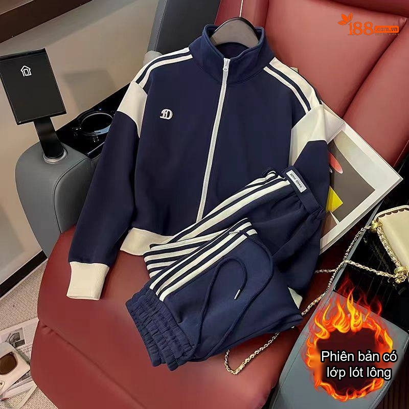 Bộ quần áo thể thao nữ dáng ngắn phối màu xanh navy trắng