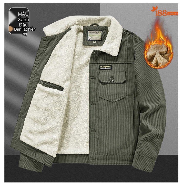 Áo Khoác Cotton Lông Cừu Nam Dáng Rộng Có Cổ Màu Nâu, Xanh Rêu, Đen chi tiết 18