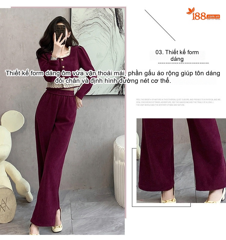 Bộ Áo Khoác Ren và Quần Ống Rộng Nữ Phong Cách Thanh Lịch Màu Đỏ Rượu, Đen chi tiết 6