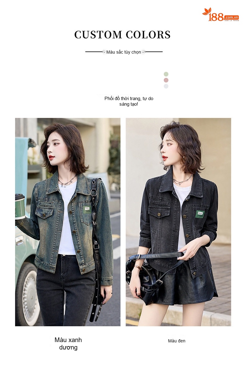 Áo Khoác Jean Nữ Dáng Ngắn Trẻ Trung Phong Cách Retro Màu Xanh Jean, Đen chi tiết 10