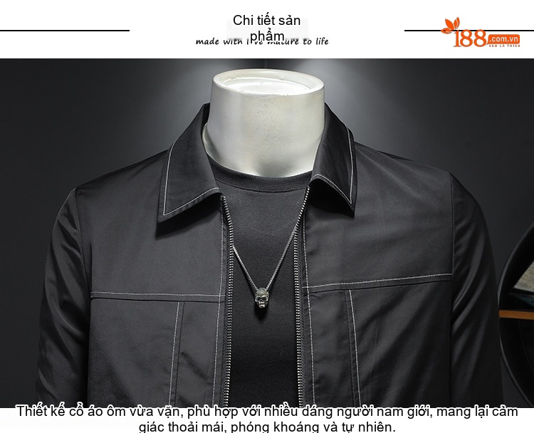 Áo Khoác Nam Cổ chữ Vest Viền Chỉ Nổi Phong Cách Casual Màu Đen chi tiết 9