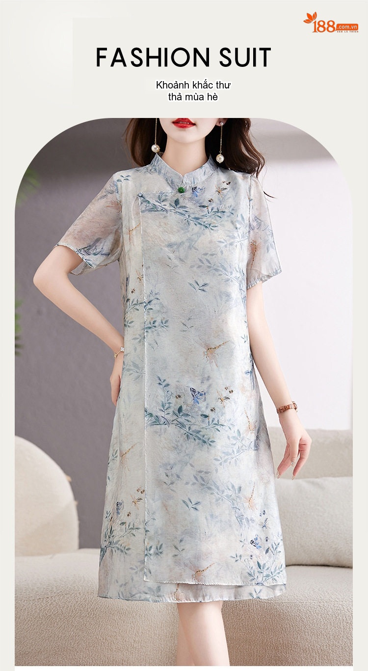 Váy liền thân Nữ Cổ Tàu Tay Ngắn Họa Tiết Hoa Lá Dáng Ôm chi tiết 2