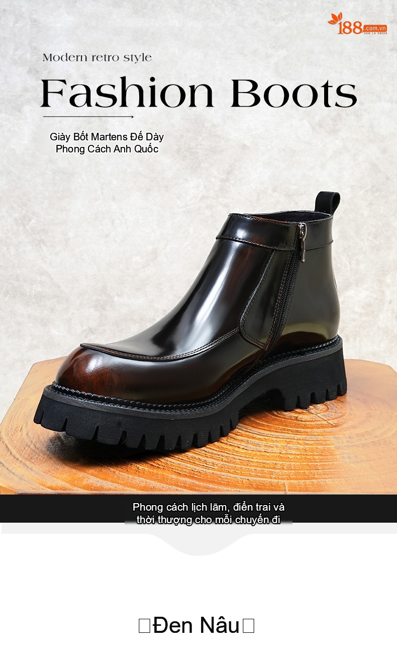 Boot Nam Cổ Cao Da Bóng Khóa Kéo Phong Cách Anh Quốc Chiều Cao Đế Khoảng 4cm Màu Đen chi tiết 1