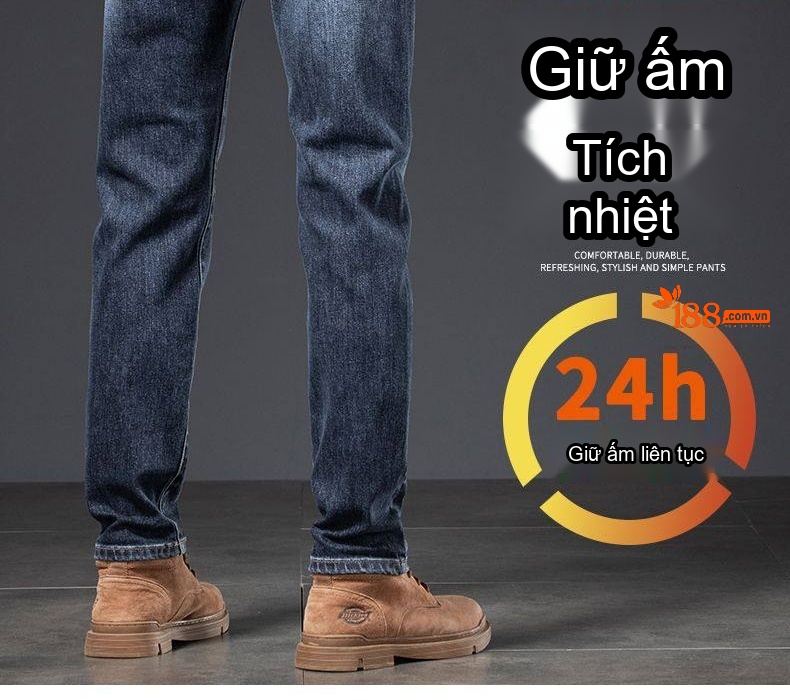 Quần Jean Nam Ống Đứng Co Giãn Lót Lông Cừu Dày Dặn Màu Xanh Dương Đậm chi tiết 6