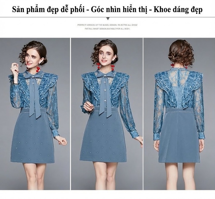 Váy Liền Thân Nữ Tay Dài Lưới Đính Đá Cổ Nơ Phong Cách Quý Cô Màu Xanh chi tiết 10