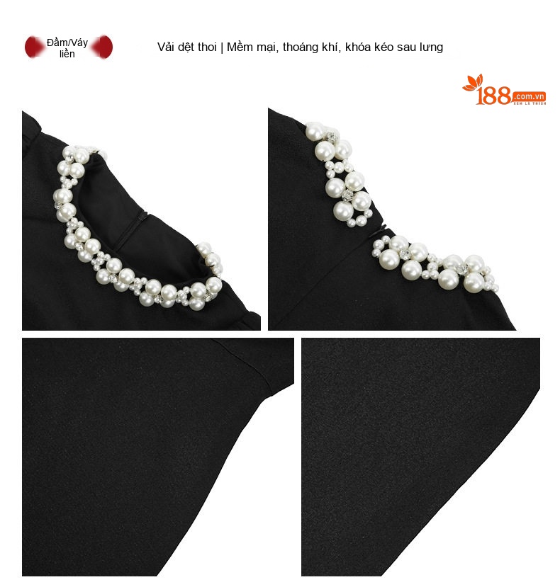 Váy A Chữ Nữ Cổ Tròn Đính Hạt, Thắt Eo Phong Cách Tiểu Thư Màu Đen, Trắng chi tiết 4