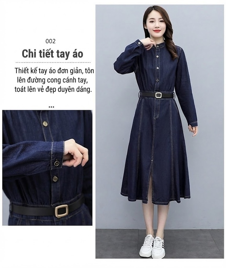 Váy Dài Tay Nữ Denim dáng chữ A Cổ Điển Thanh Lịch chi tiết 5