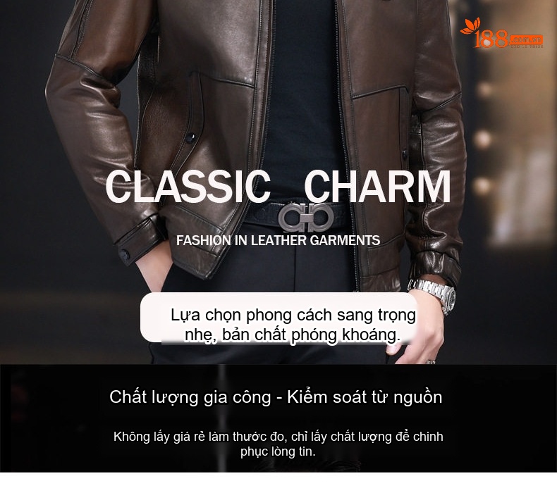 Áo Khoác Da Nam Da Cừu Dáng Ngắn Màu Nâu Đậm chi tiết 2