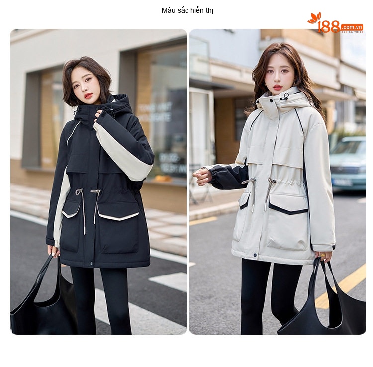 Áo Khoác Phao Nữ Dáng Dài Vừa Cotton Dày Dặn Ấm Áp Màu Đen, Trắng chi tiết 8