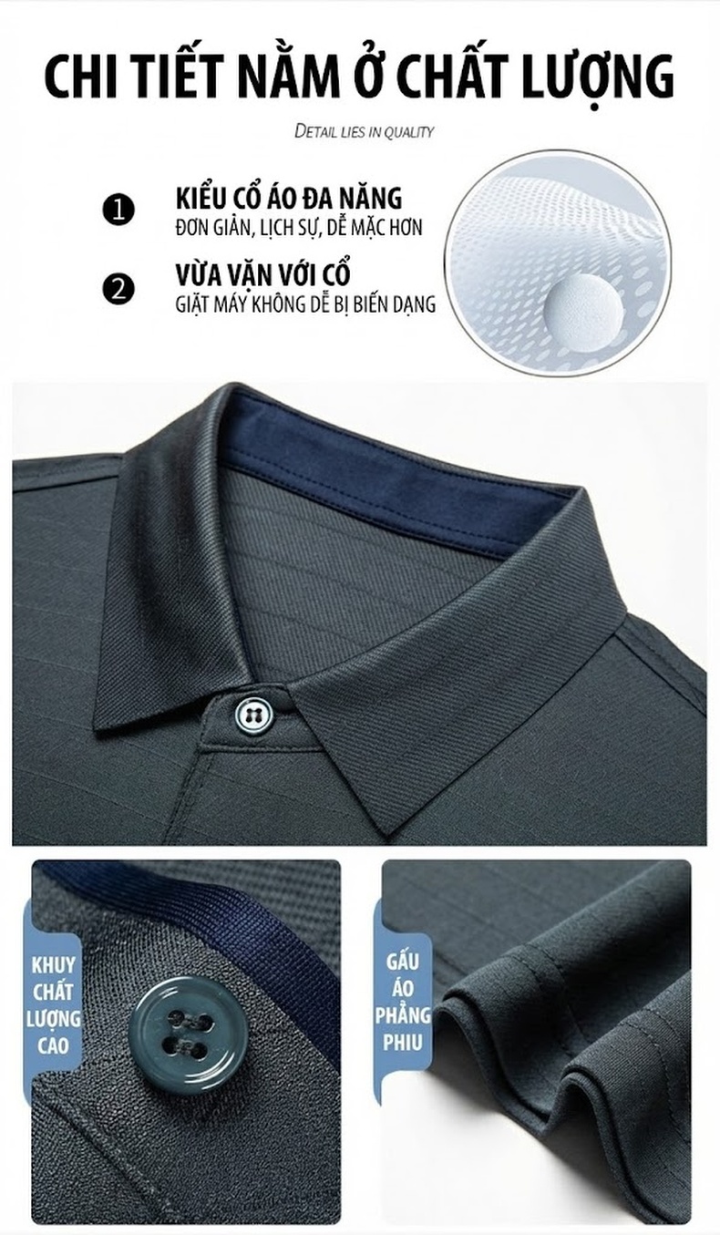 Áo Polo Nam Tay Ngắn 100% Tơ Tằm Mát Lạnh Cổ Bẻ Màu Xám, Xanh Navy, Tím chi tiết 4