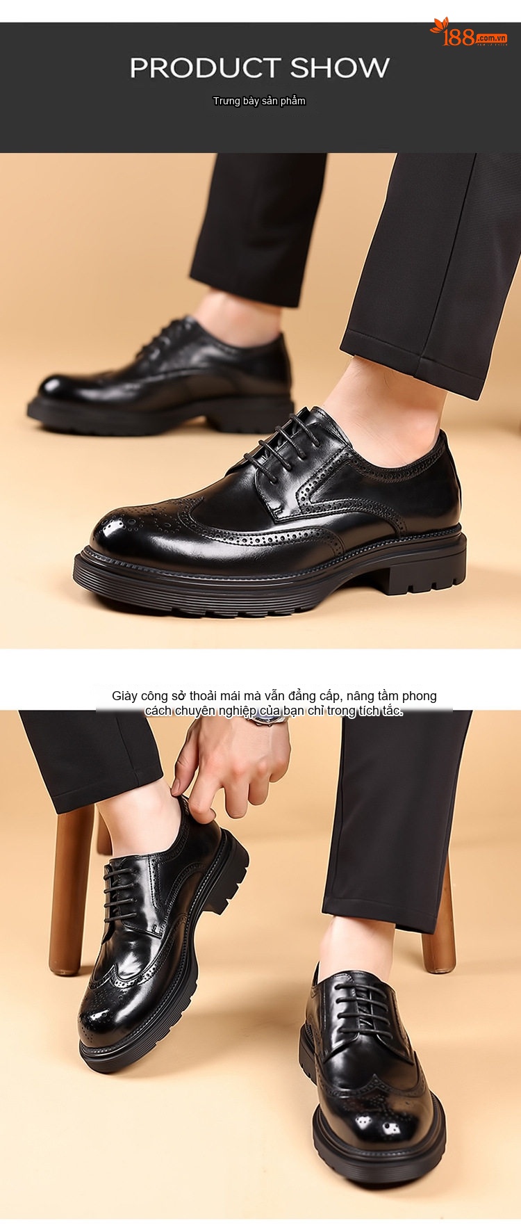 Giày Tây Buộc Dây Nam Da Bò Brogue Chiều Cao Đế Khoảng 4cm Màu Đen, Nâu chi tiết 9