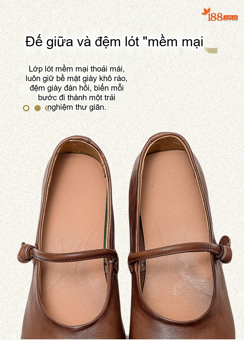Giày Búp Bê Nữ Quai Ngang Da Bóng Chiều Cao Đế Khoảng 1cm Màu Nâu, Đỏ chi tiết 7