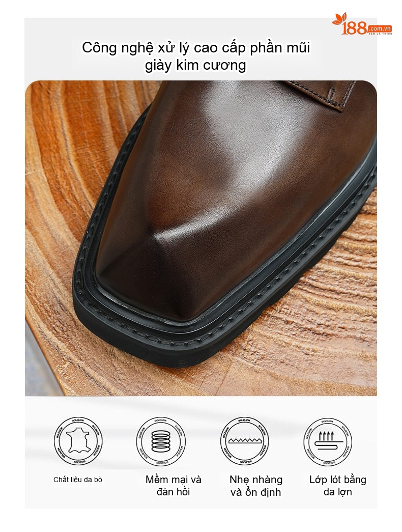 Giày Tây Buộc Dây Nam Da Thật Chiều Cao Đế Khoảng 4cm Phong Cách Anh Quốc Màu Đen, Nâu chi tiết 2