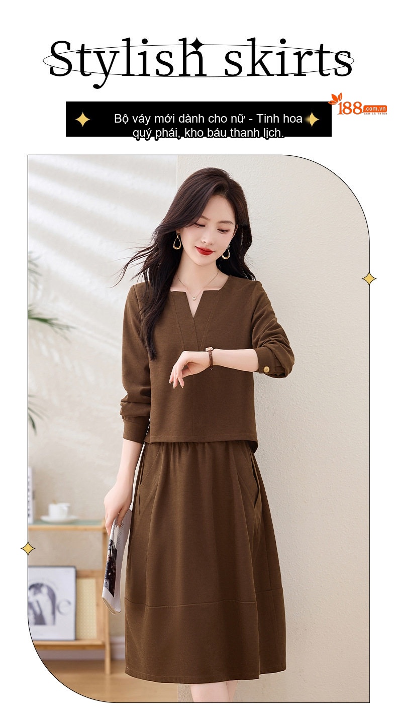 Set Bộ Quần Áo Nữ Thu Đông Dáng Áo Ngắn Tay Dài Chân Váy Chữ A Màu Nâu, Xanh, Hồng chi tiết 2