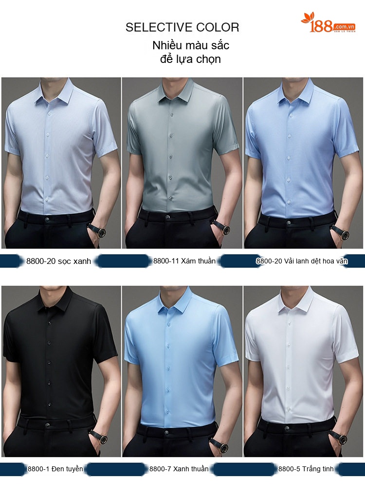 Áo Sơ Mi Nam Tay Ngắn Lụa Tằm Mỏng Mát Phong Cách Doanh Nhân Màu Xanh chi tiết 13