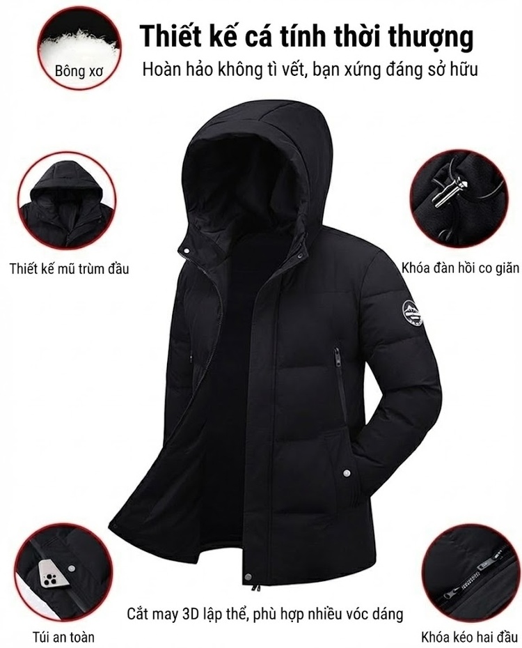 Áo Khoác Cotton Nam Dáng Dài Có Mũ Trùm Đầu Dày Dặn Giữ Ấm Phong Cách Thời Trang Màu Đen, Xanh Navy, Xanh Rêu chi tiết 2