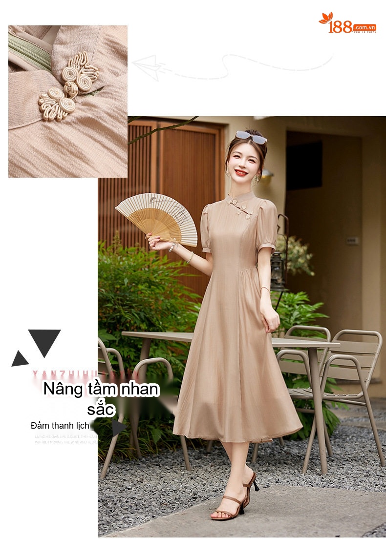 Váy Đầm Trung Hoa Cách Tân, Cổ Điển, Dáng Ôm Màu Tím, Xám, Xanh Lá chi tiết 2