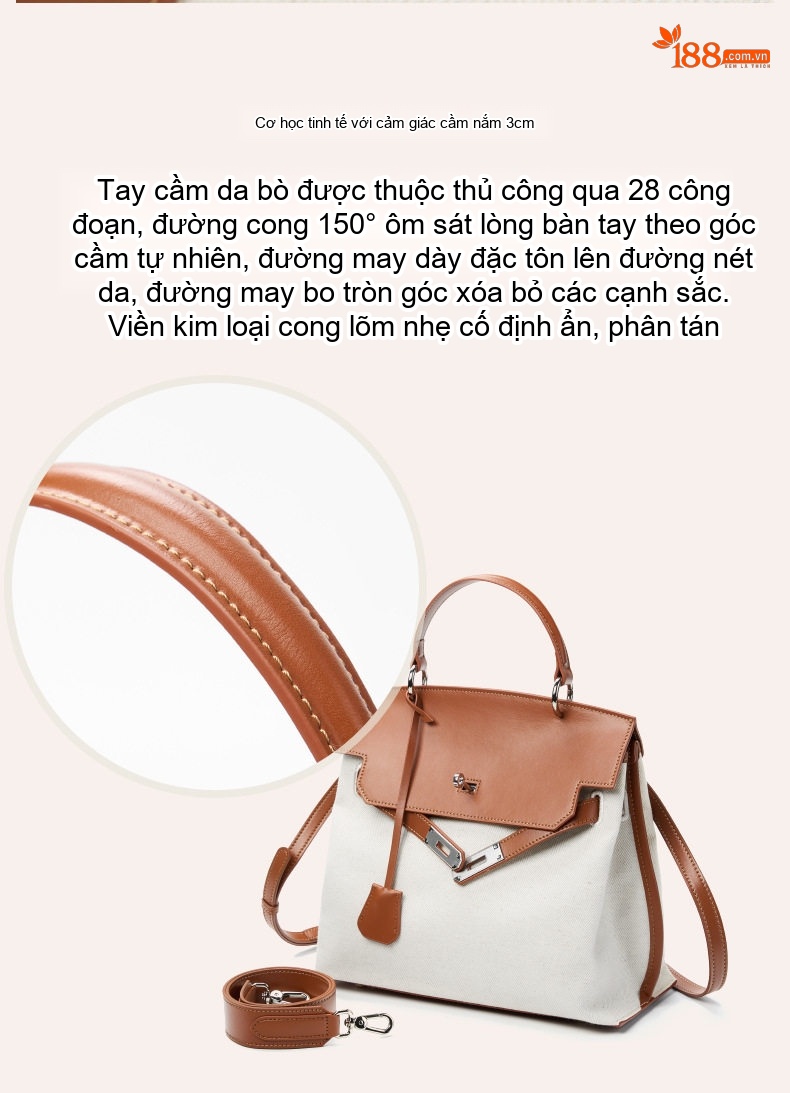 Túi Xách Tay Nữ Da Thật Vải Canvas Thiết Kế Sang Trọng Màu Trắng, Nâu, Đen chi tiết 9