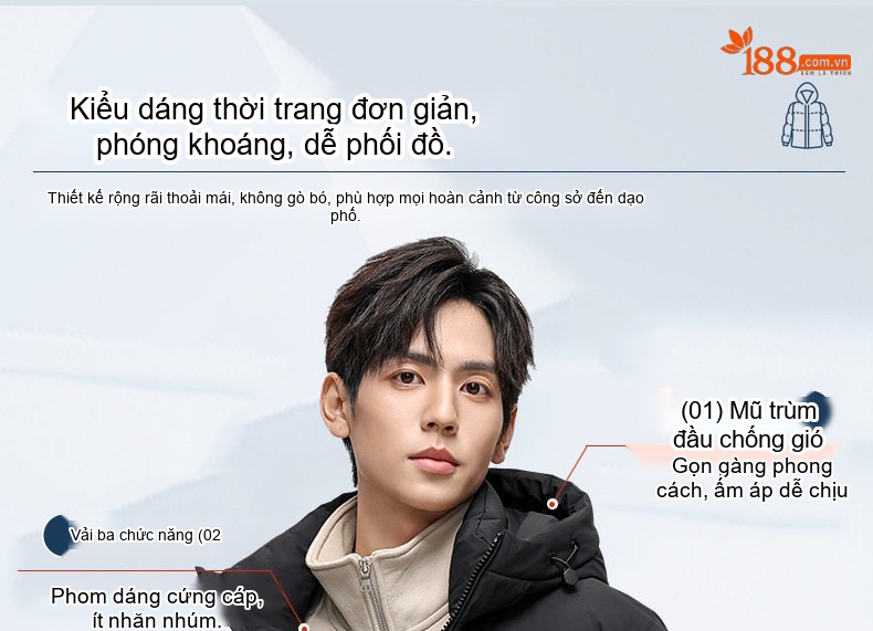 Áo Phao Nam 90 Bạch Áp Nhung Dày Dặn Có Mũ Trùm Đầu Màu Đen chi tiết 8