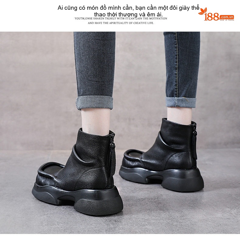 Boot Nữ Da Bò Cổ Ngắn Đế Bánh Mì Chiều Cao Đế Khoảng 5cm Khoá Kéo Sau Màu Đen, Nâu chi tiết 16