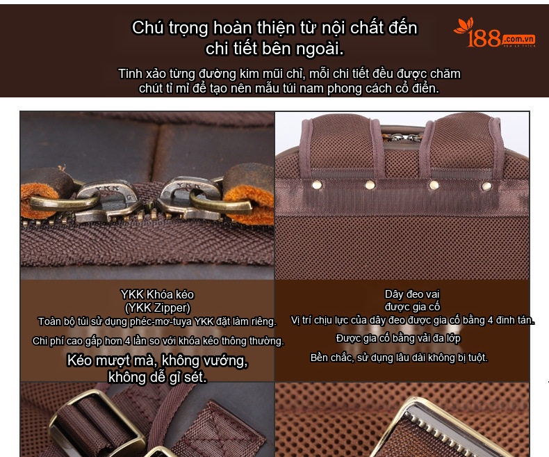 Balo Da Bò Đựng Laptop 15.6 Inch Phong Cách Retro Màu Nâu chi tiết 10