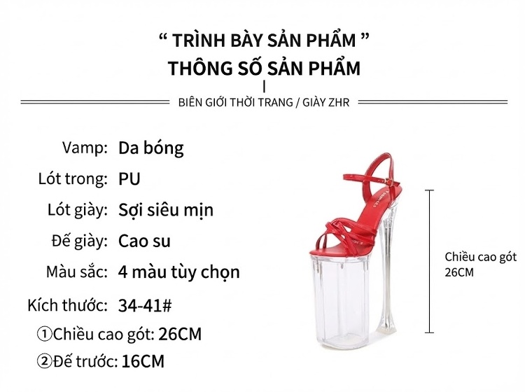 Giày Sandal Cao Gót Nữ Quai Ngang Đế Phát Sáng Gót Cao 26cm Cho Bar, Club, Biểu Diễn Màu Đen, Đỏ, Trắng chi tiết 1
