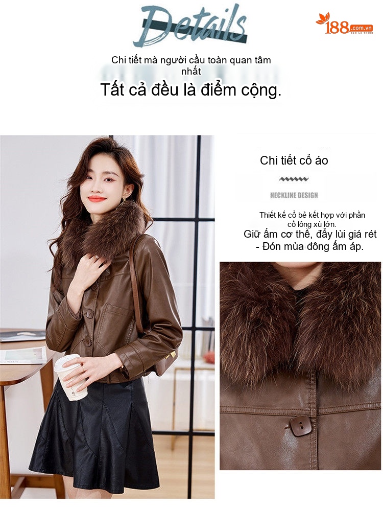 Áo Khoác Da PU Nữ Cổ Lông Ngắn Dáng Ôm Thu Đông Màu Nâu, Đen chi tiết 4