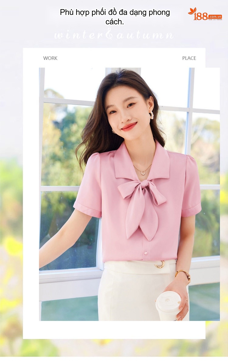 Áo Sơ Mi Tay Ngắn Nữ Cổ Nơ Chất Liệu Tuyết Chiffon Màu Hồng, Trắng chi tiết 3
