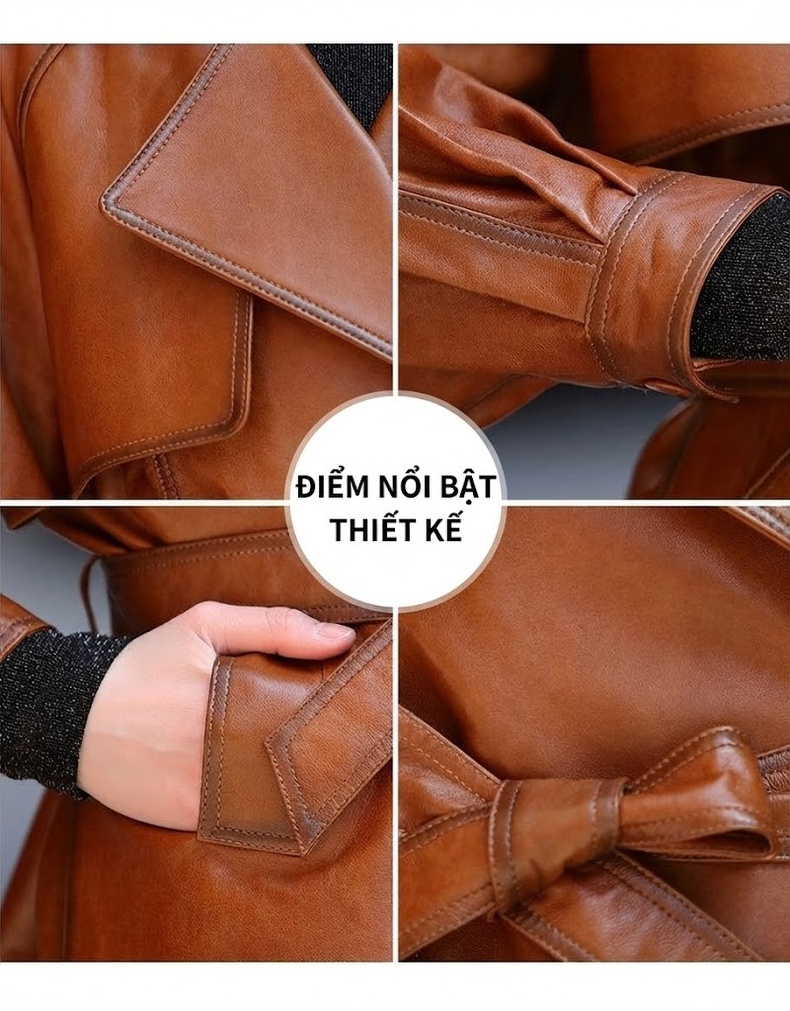 Áo Khoác Da Cừu Nữ Dáng Ngắn Thắt Eo Cổ chữ Vest Hàn Quốc Phong Cách Âu Mỹ Màu Nâu, Đỏ chi tiết 3