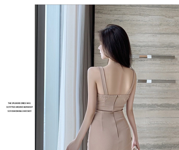 Váy Đầm Hai Dây Nữ Cổ chữ V Sâu Hở Lưng Xẻ Tà Ôm Body Gợi Cảm Màu Nâu, Đen, Trắng chi tiết 8