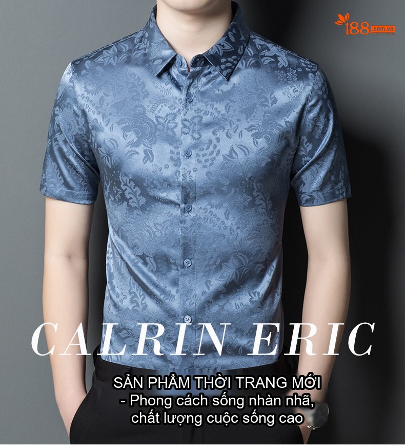 Áo Sơ Mi Nam Lụa Tơ Tằm Tay Ngắn Họa Tiết Jacquard Màu Xanh Lam chi tiết 1