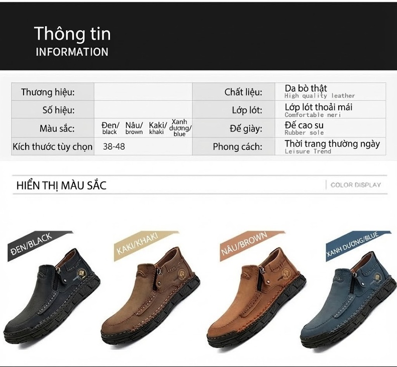 Giày Cao Cổ Nam Da Mờ Khóa Kéo Chiều Cao Đế Khoảng 3cm Màu Nâu, Đen, Xanh Dương chi tiết 4