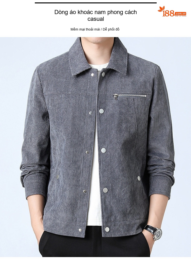 Áo Khoác Nhung Tăm Nam Cổ Bẻ Dáng Bomber Lót Lông Màu Đen, Xanh Rêu, Xám, Nâu chi tiết 1