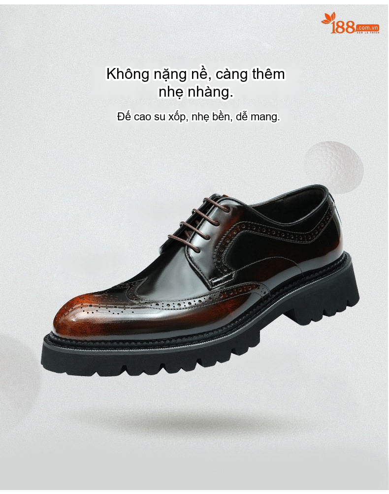 Giày Tây Buộc Dây Nam Da Bóng Chiều Cao Đế Khoảng 4cm Kiểu dáng Brogue Màu Đen, Nâu chi tiết 3