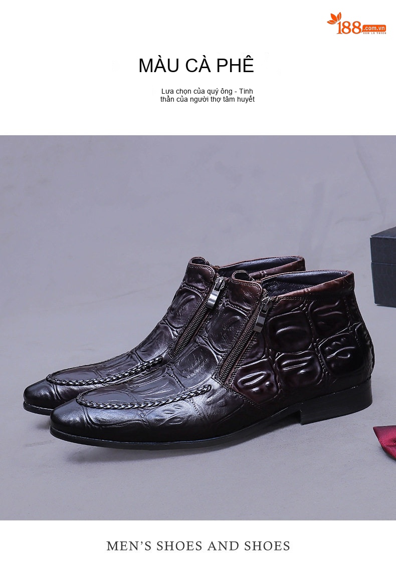 Boot Da Thật Nam Dáng Ôm Chân Họa Tiết Vân Cá Sấu Chiều Cao Đế Khoảng 3cm Màu Đen, Nâu Đậm chi tiết 12