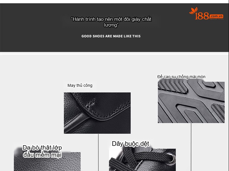 Giày Tây Buộc Dây Nam Da Bò Chiều Cao Đế Khoảng 3cm Màu Đen chi tiết 4