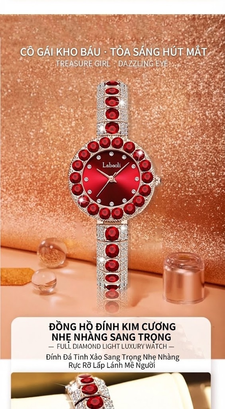Đồng Hồ Nữ Đính Đá Quartz Mặt Tròn Phong Cách Retro Màu Đỏ, Vàng, Bạc chi tiết 4