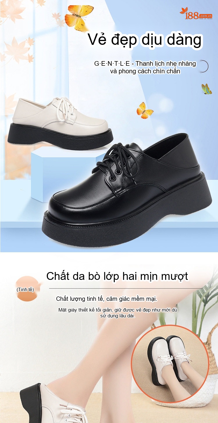 Giày Tây Buộc Dây Nữ Da Bóng Đế Cao 4cm - 5cm Màu Đen, Kem chi tiết 1