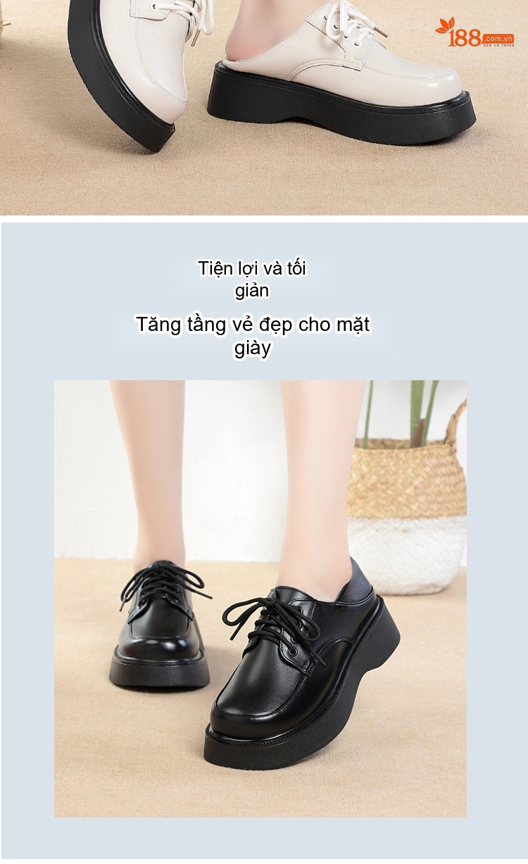 Giày Tây Buộc Dây Nữ Da Bóng Đế Cao 4cm - 5cm Màu Đen, Kem chi tiết 2