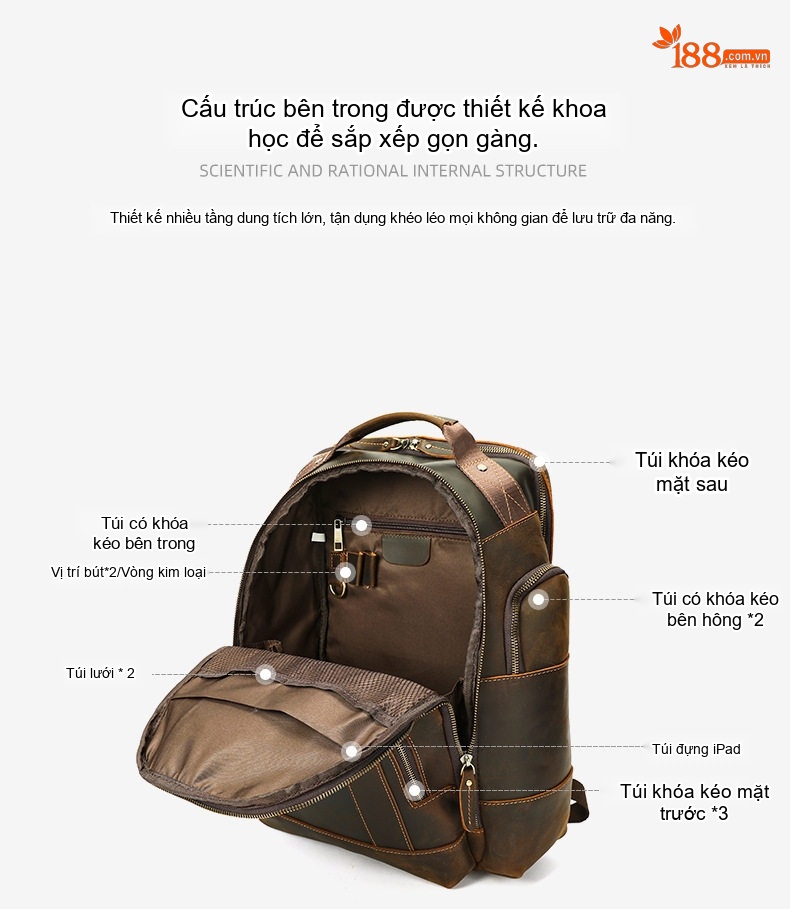 Balo Da Bò Dáng Đôi Ngoài Trời Phong Cách Âu Mỹ Đựng Laptop Đa Năng Màu Nâu chi tiết 10