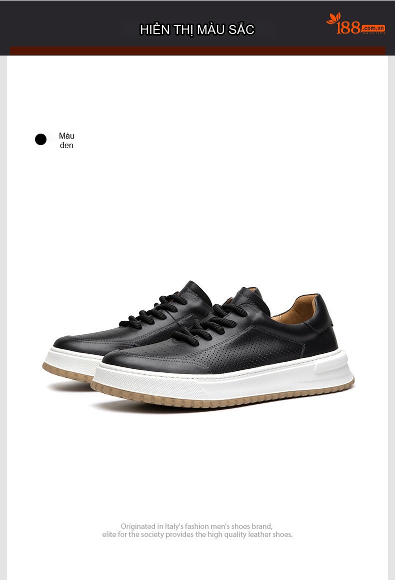 Giày Sneaker Nam Da Thật Thoáng Khí Chiều Cao Đế Khoảng 3.5cm Màu Trắng, Đen, Nâu chi tiết 15