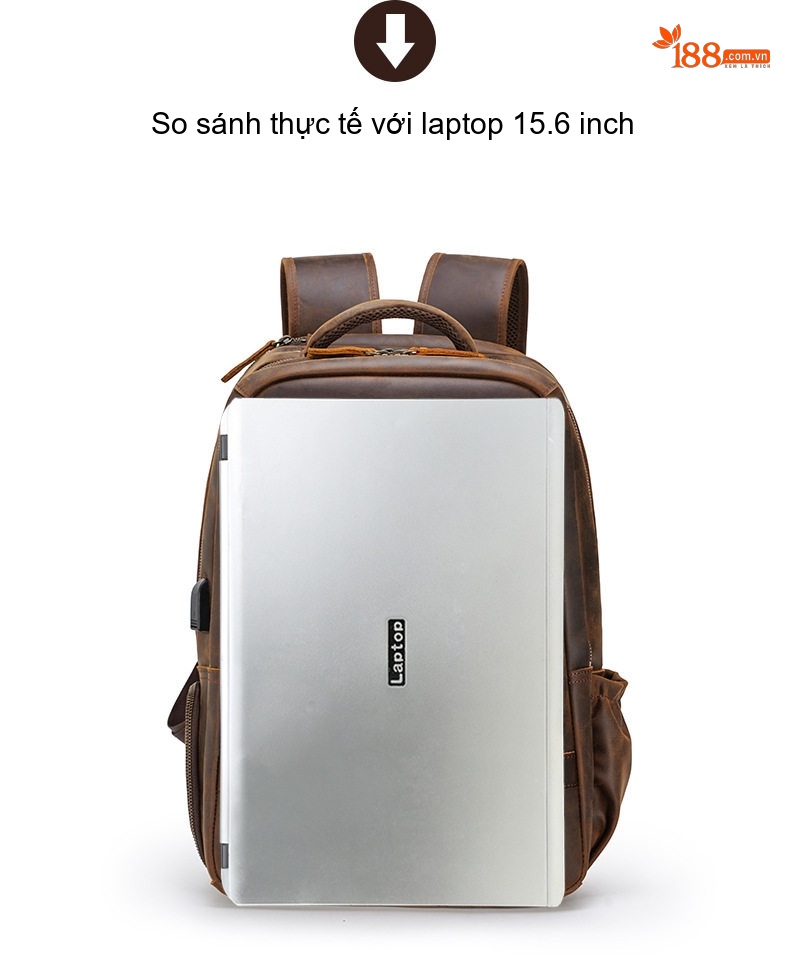 Balo Da Thật Nam Đa Năng Phong Cách Retro Túi Đựng Laptop USB Da Bò Sáp Màu Nâu chi tiết 15
