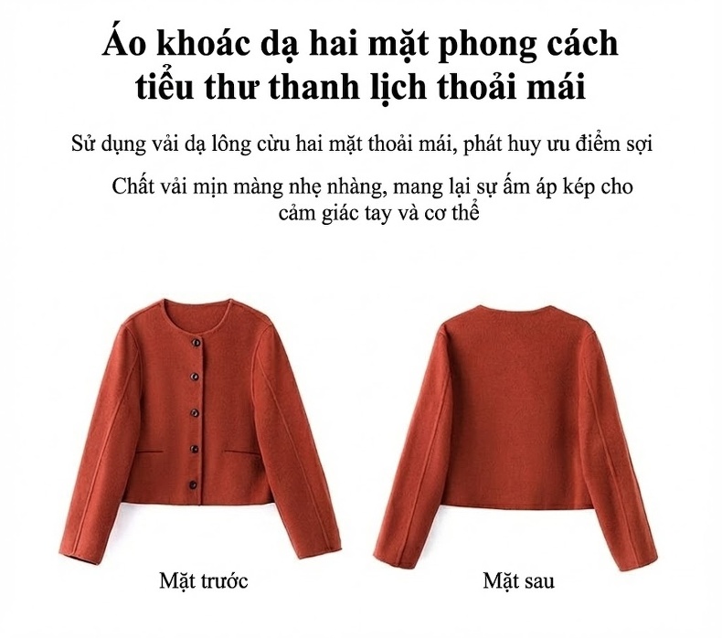 Áo Khoác Dạ Nữ Hai Mặt Phong Cách Tiểu Thư Ngắn Tay Màu Nâu, Xám chi tiết 2