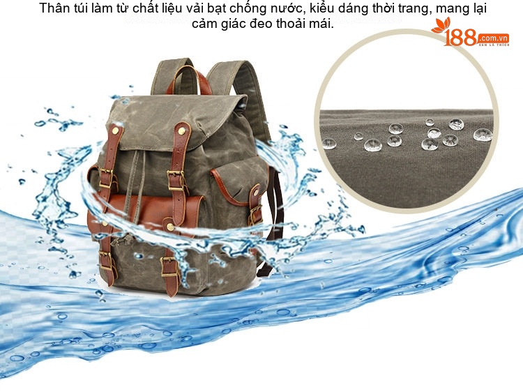 Balo Đôi Nam Vải Canvas Đi Phượt Du Lịch Leo Núi Đựng Laptop Phối Da Thật Màu Xanh Rêu, Nâu, Xám, Đen... chi tiết 3