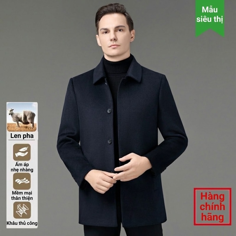Áo Khoác Dạ Nam Lông Cừu Dáng Dài Trung Niên Lót Lông Vũ Ấm Áp Màu Đen