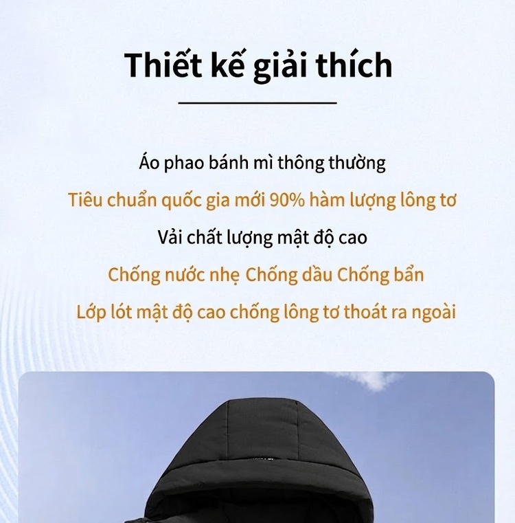 Áo Khoác Phao Nam Lông Vịt Trắng 90% Dày Dặn Có Mũ Trùm Đầu Màu Đen, Vàng, Nâu, Cam chi tiết 3