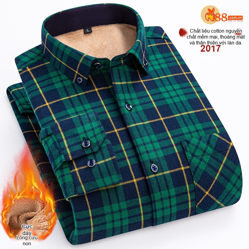 Áo Sơ Mi Nam Ca Rô Lông Cừu Non Cotton Dày Dặn Giữ Ấm Màu Đen, Đỏ, Xanh Dương, Xanh Lá...