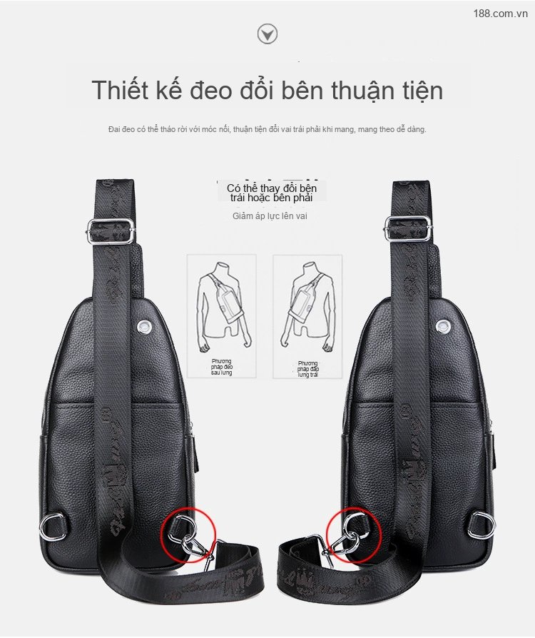 Túi Đeo Ngực Nam Da Bò Dây Đeo Chéo Hai Khóa Kéo Phong Cách Thời Trang Màu Đen chi tiết 8