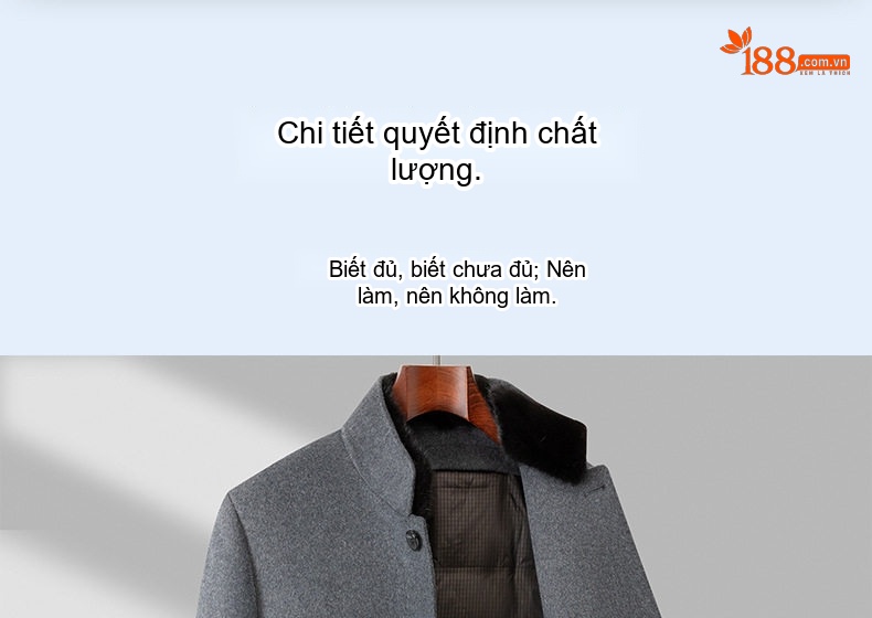 Áo Khoác Dạ Nam Lông Chồn Cổ Trụ Lót Lông Vũ Dáng Dài Vải Lông Cừu Hai Mặt Màu Xám, Đen chi tiết 3