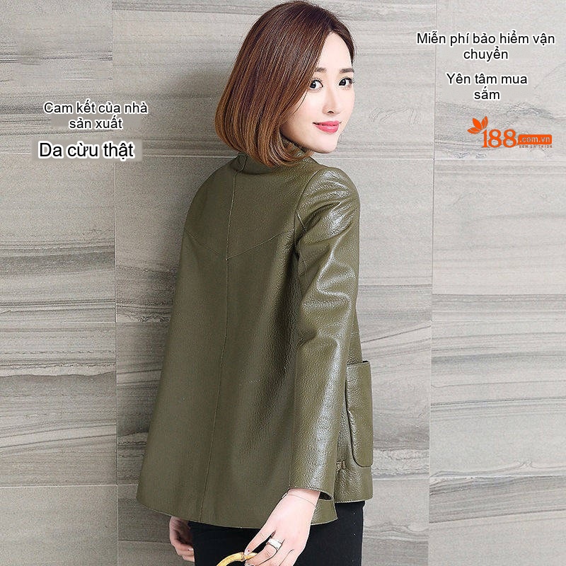 Áo khoác da cừu thật nữ dáng ngắn cổ vest Hàn Quốc